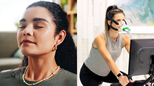 a woman on the left doing breath work exercise and a woman on the left doing exercise with oxygen therapy (EWOT)