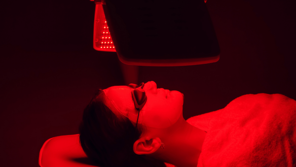 a woman in a dark room having a red light therapy session