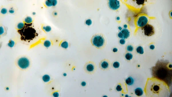 a close up image of molds in blue, white, black, and brown color.