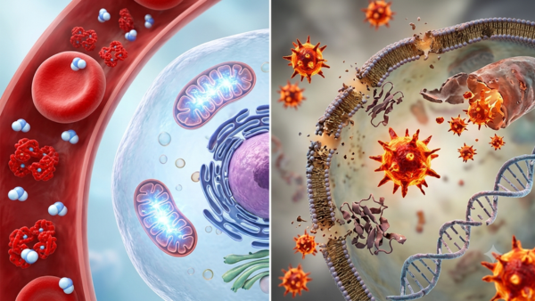 side by side depiction of cell oxygenation and oxidation