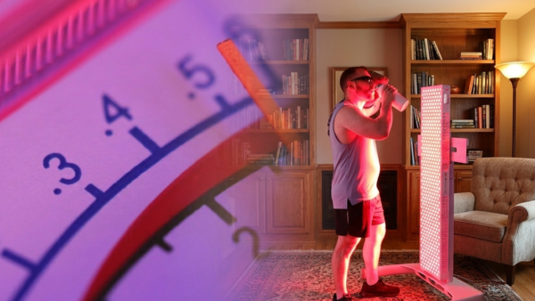 a man using a red light panel in his living room