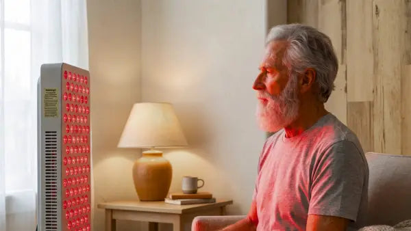 Old guy in front of a Red Light Panel