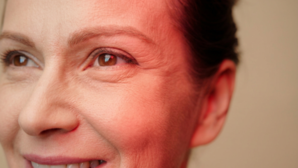 a red glow on the right side of the wrinkled face